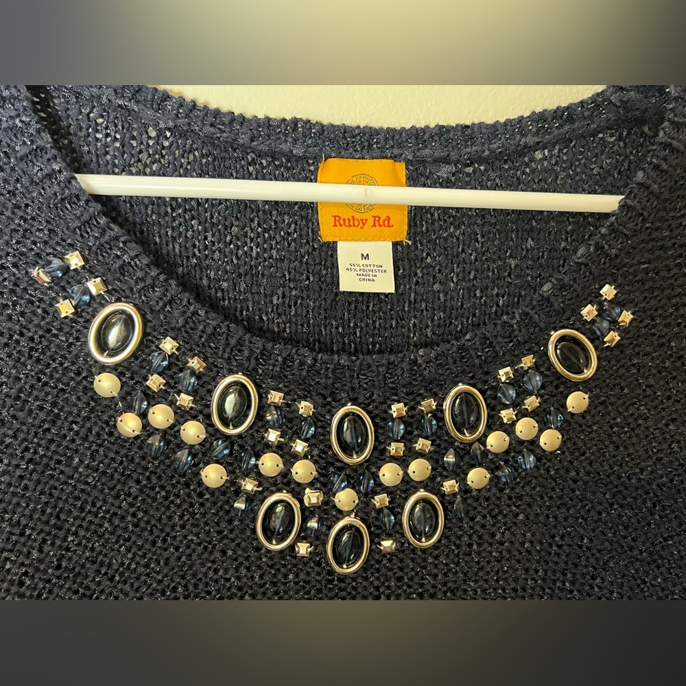 Ruby Rd Dark Navy Blue Beaded Neckline Pullover Fringe Winter Sweater! - Picture 3 of 12